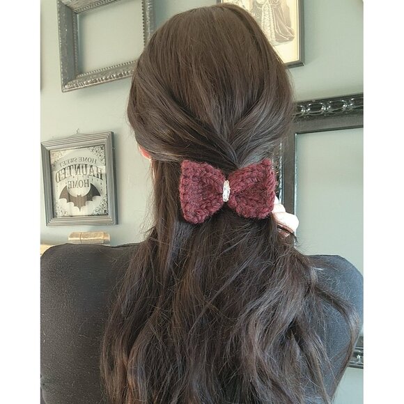 Hand Knit Hair Bow on Clip, Dark Red with Vintage White Lace, "Vamp" - Picture 1 of 10